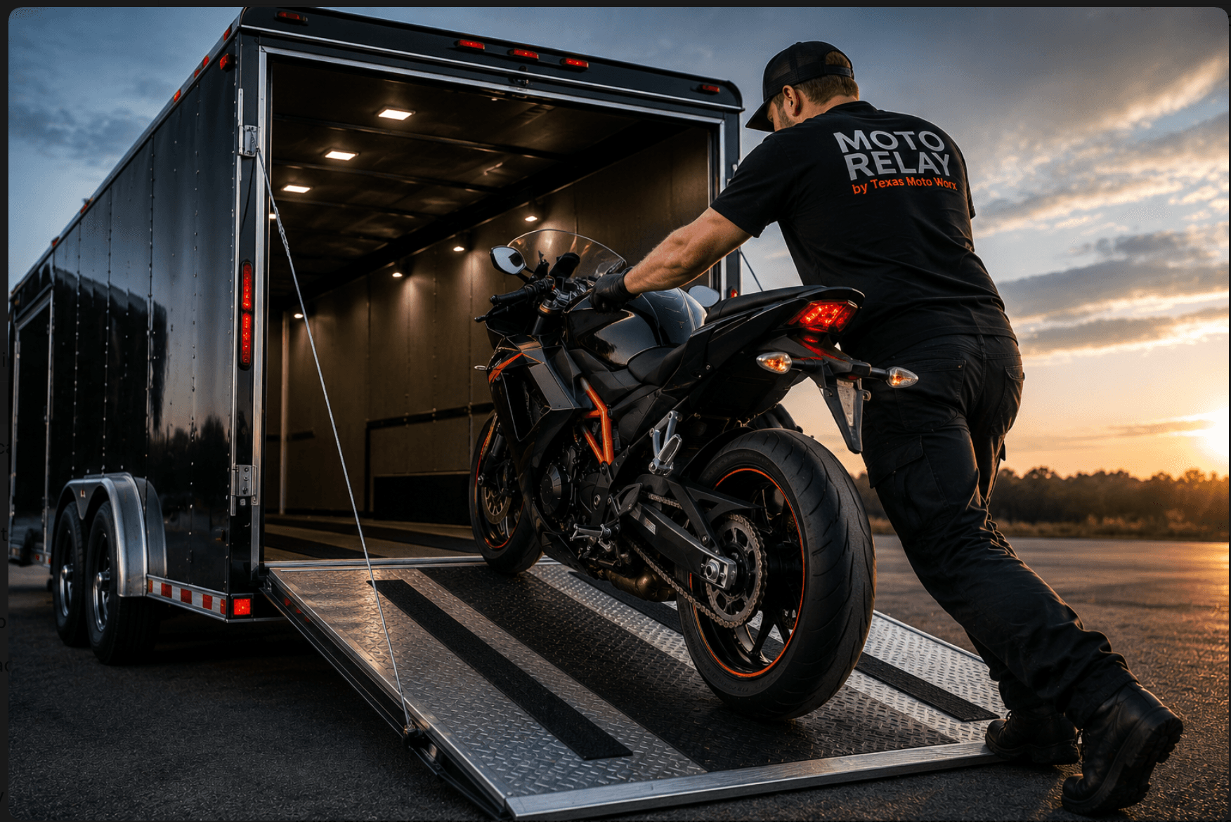 Motorcycle being loaded into an enclosed transport trailer